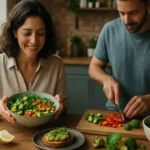 Dvojica pripravuje zdravé bezmäsité jedlo v kuchyni