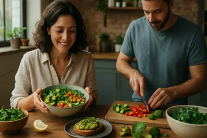 Dvojica pripravuje zdravé bezmäsité jedlo v kuchyni