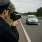 Policista meria rýchlosť automobilu s mobilným radarom na ceste.