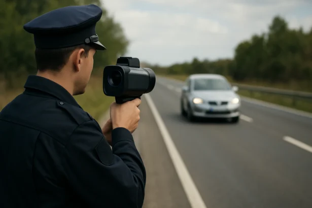 Policista meria rýchlosť automobilu s mobilným radarom na ceste.
