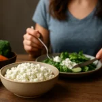 Zdravé jedlo s tvarohom a čerstvou zeleninou na stole.