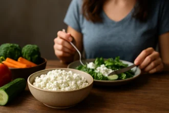 Zdravé jedlo s tvarohom a čerstvou zeleninou na stole.