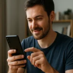 Muž so smartfónom, ktorý sa usmieva pri používaní aplikácie.