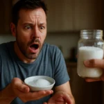 Muž s prekvapeným výrazom drží misku so soľou na pozadí.