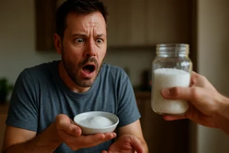 Muž s prekvapeným výrazom drží misku so soľou na pozadí.