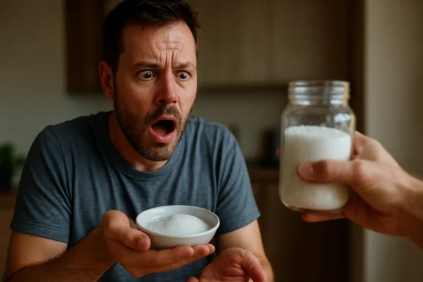 Muž s prekvapeným výrazom drží misku so soľou na pozadí.