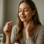 Žena s úsmevom drží tabletu a vodu, čelí zlepšeniu zdravia a nálady.