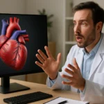 Doktor prezentuje animáciu ľudského srdca na obrazovke.