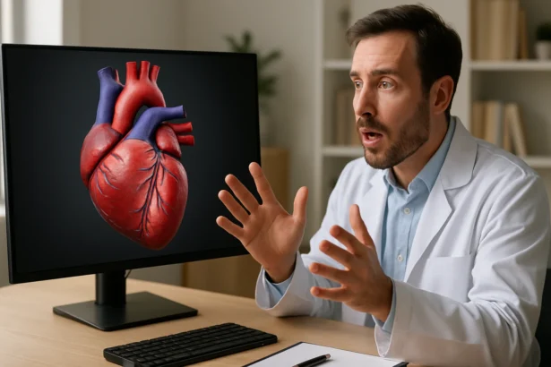 Doktor prezentuje animáciu ľudského srdca na obrazovke.