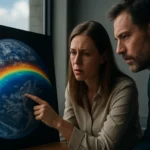 Pár diskutuje o ochrane ozónovej vrstvy s obrázkom Zeme.