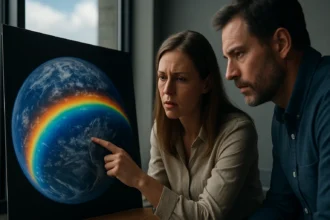 Pár diskutuje o ochrane ozónovej vrstvy s obrázkom Zeme.