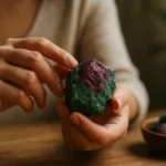 Osoba drži rubín v zoisite, energetický kameň s liečivou silou.