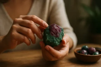 Osoba drži rubín v zoisite, energetický kameň s liečivou silou.