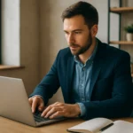 Mladý podnikateľ pracuje na laptopu v kancelárii s kávou