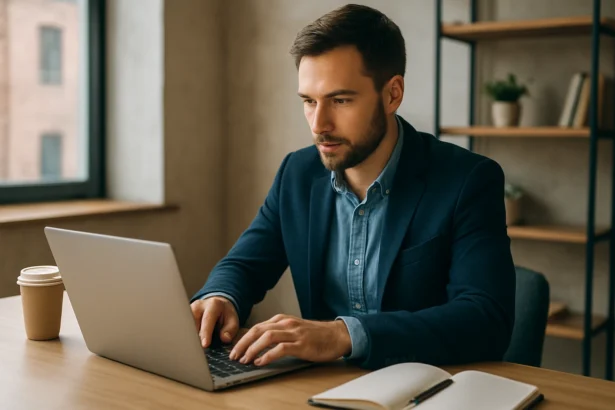 Mladý podnikateľ pracuje na laptopu v kancelárii s kávou