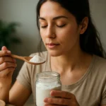 Žena s ukazujúcou lyžičkou peruánskej kremeliny pred otvorenou nádobou.