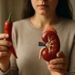 Žena drží štipľavú papriku a model obličky, skúmanie ich spojenia.