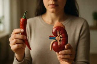 Žena drží štipľavú papriku a model obličky, skúmanie ich spojenia.