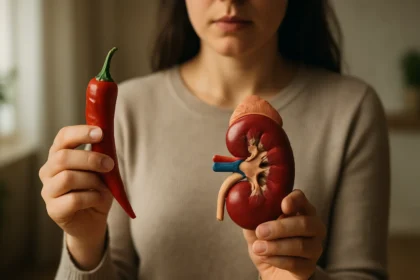 Žena drží štipľavú papriku a model obličky, skúmanie ich spojenia.