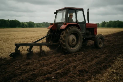 Traktor pluhuje pôdu na poli, ohrozujúci životné prostredie.