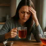 Žena so šálkou čaju a zamysleným výrazom, zamýšľa o čaji.