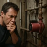 Muž kontroluje obehové čerpadlo v kúrení v technickej miestnosti