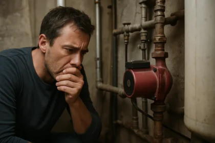 Muž kontroluje obehové čerpadlo v kúrení v technickej miestnosti