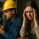 Elektrikár kontroluje elektrickú inštaláciu, žena vyjadruje obavy.