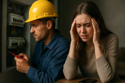 Elektrikár kontroluje elektrickú inštaláciu, žena vyjadruje obavy.