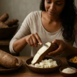 Žena krája maniok na prípravu jedla.