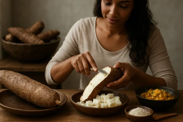 Žena krája maniok na prípravu jedla.