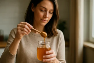 Žena mieša med v pohári, odhaľuje jeho liečivé vlastnosti.