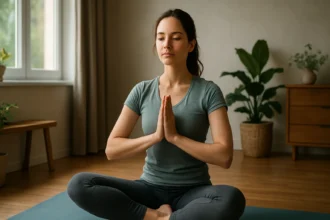 Žena meditujúca na jogamatke a dosahujúca vnútorný pokoj