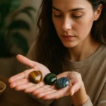 Žena drží tigrie oko, mačacie oko a sokolie oko v rukách