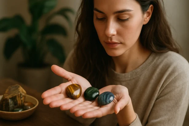 Žena drží tigrie oko, mačacie oko a sokolie oko v rukách