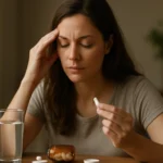 Mladá žena berie magnézium na zmiernenie bolesti hlavy