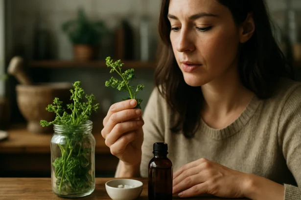 Žena skúma silfiumovú rastlinu a tinktúru na zdravie