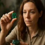 Žena skúma smaragdové kryštály s prekvapením a zvedavosťou.