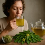 Žena vychutnáva čaj zo Senna na podporu trávenia.