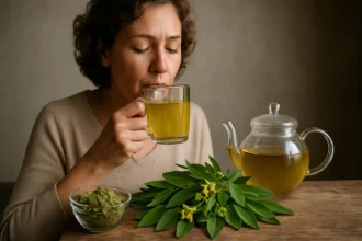 Žena vychutnáva čaj zo Senna na podporu trávenia.