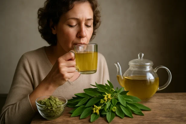 Žena vychutnáva čaj zo Senna na podporu trávenia.