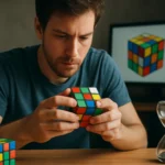 Muž skladá Rubikovu kocku s hodinami na stole.