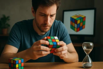 Muž skladá Rubikovu kocku s hodinami na stole.