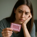 Žena s tabletkou po vyzerá znepokojene, premýšľa o vedľajších účinkoch.