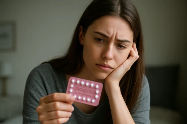 Žena s tabletkou po vyzerá znepokojene, premýšľa o vedľajších účinkoch.