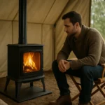 Muž sedí pri prenosnej kachľovej peci v stane.