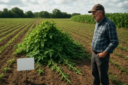 Farmár sleduje pýr plazivý na poli, symbolizujúci výzvy v poľnohospodárstve.