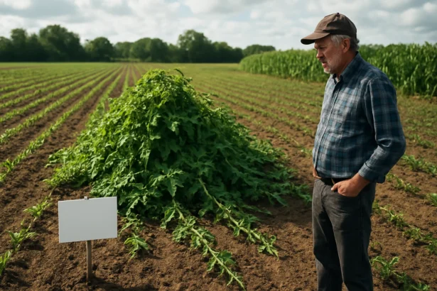 Farmár sleduje pýr plazivý na poli, symbolizujúci výzvy v poľnohospodárstve.