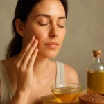 Žena nanášajúca ľanový olej na tvár pre krásnu pleť