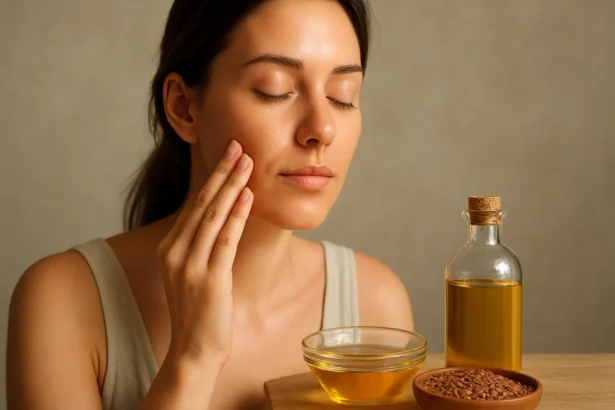 Žena nanášajúca ľanový olej na tvár pre krásnu pleť